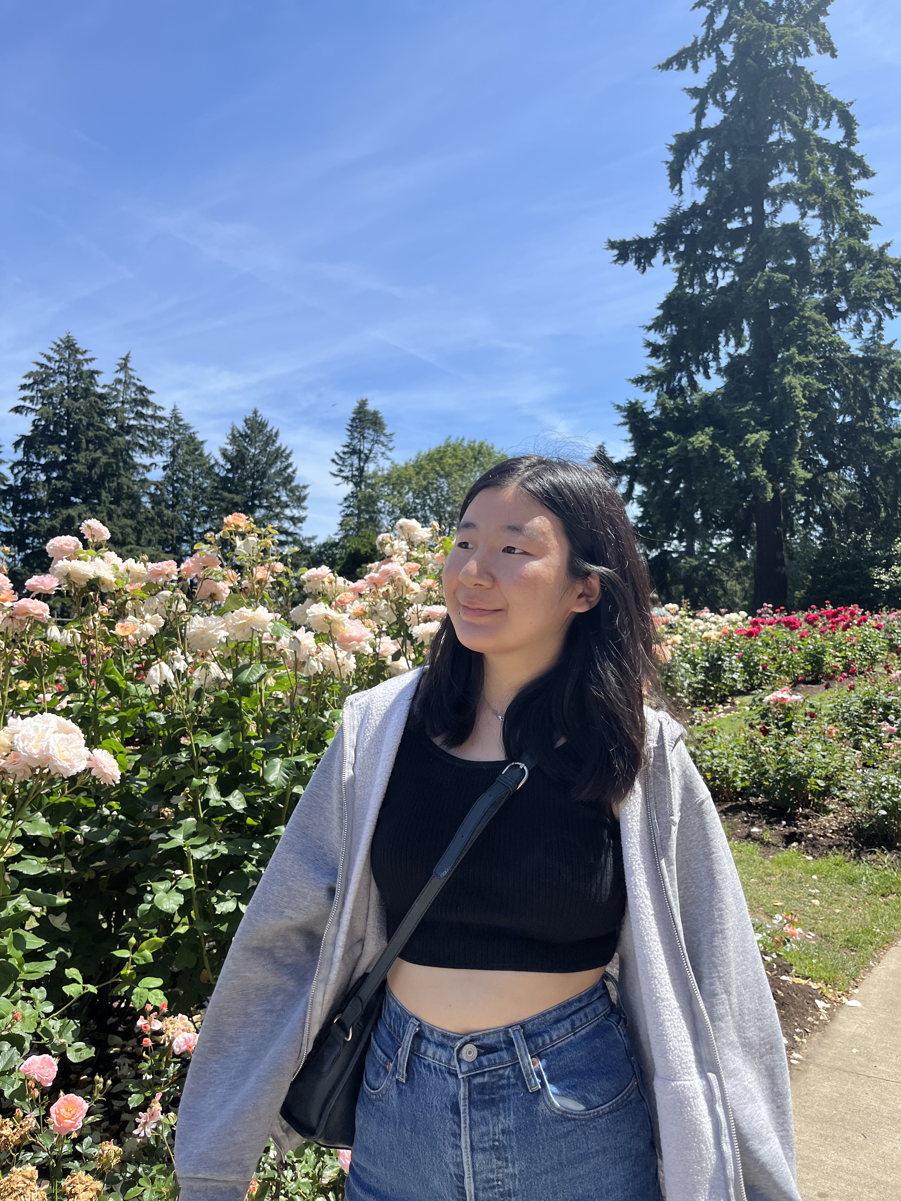 Picture of woman with black hair in a rose garden and under blue skies